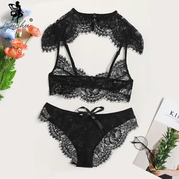 

Leechee New Bra Set Sexy Floral Lace Underwear Comfortable Unlined Brassiere+Panty Bow Transparent Lingerie Female Underwear set