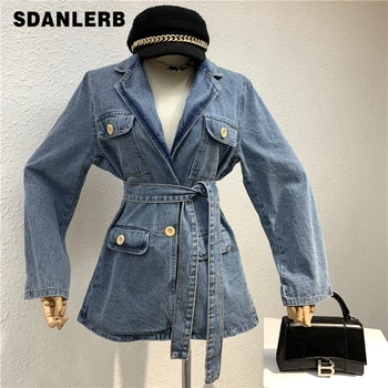 

Denim Jacket Women Loose-Fit Multi-Pocket Temperament Suit Collar Lace-up Waist Mid-Length Retro Washed Denim Jacket Women's