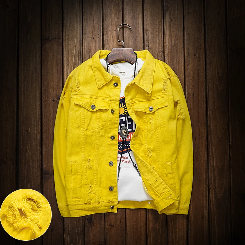 Осенняя желтая Мужская джинсовая куртка с дырками, Корейская версия тренда, тонкая куртка