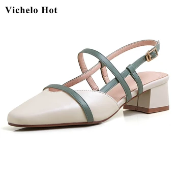 

Vichelo Hot 2020 summer new cow leather square toe med heel mixed colors elegant lady daily wear buckle strap sandals women L27