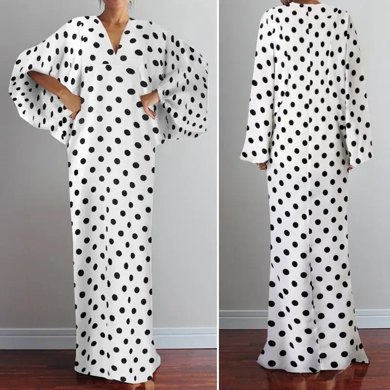 

VONDA Polka Dot Dress Summer Sundress Elegant Women V Neck Long Vestido Stylish Autumn OL Sundress Plus Size Kaftan Robe Dresses
