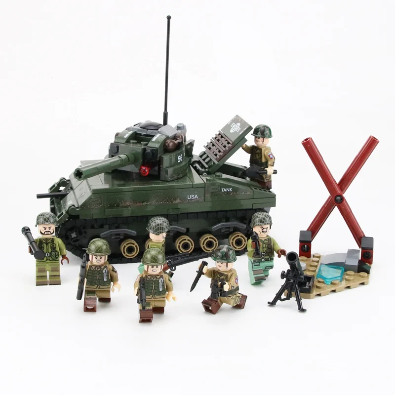 WW2 Military US Sherman M4 Tank Model Building Blocks US Army Soldiers Figures Weapons Accessories