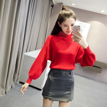 

1209 # Core-Spun Yarn Currently Available New Style Sweater Sweater Lantern Sleeve Base Shirt Puff Sleeve Tops