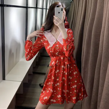 

Vintage Lace Patchwork Women's Peter pan Collar Flower Printing Female Casual Dress 2020 New
