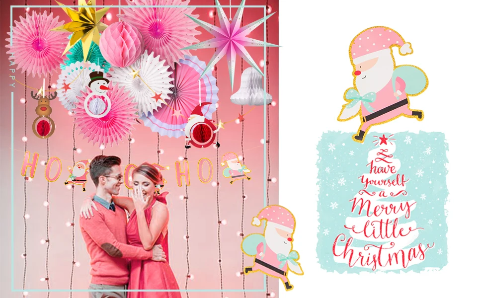 Золотые и Розовые рождественские украшения для дома, бумага, звезда Санта Клауса Хо Звездная гирлянда Рождественский колокольчик снеговик лося перфорированная бумага вентиляторы