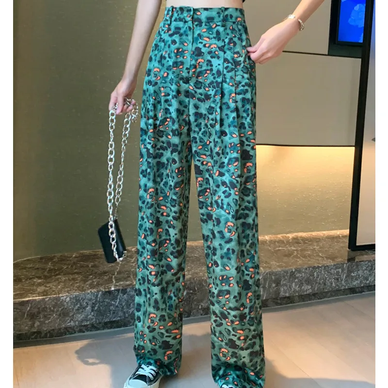 work trousers Leopard Print High Waist Wide Leg Pants Women Satin Mopping Pants Spring Autumn Drape Loose Casual Straight Thin Trousers Bottom chino pants Pants & Capris