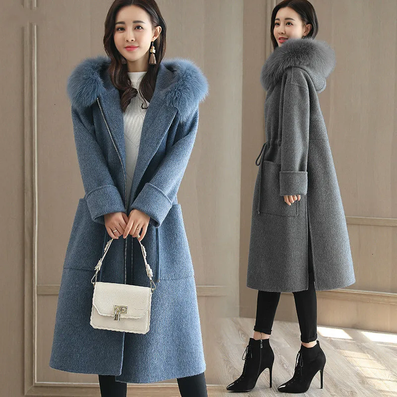 Женское длинное шерстяное пальто, женская тонкая куртка с карманами и меховым воротником, синее кашемировое пальто, модное тонкое Элегантное длинное пальто