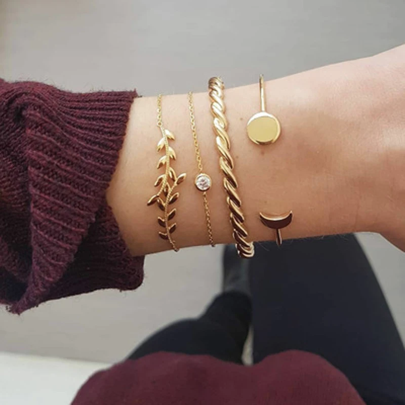 

Tocona Gold Color Crystal Leaf Moon Layered Bangle Set for Women Geometric Opening Adjustable Bracelets Set Jewelry 6844