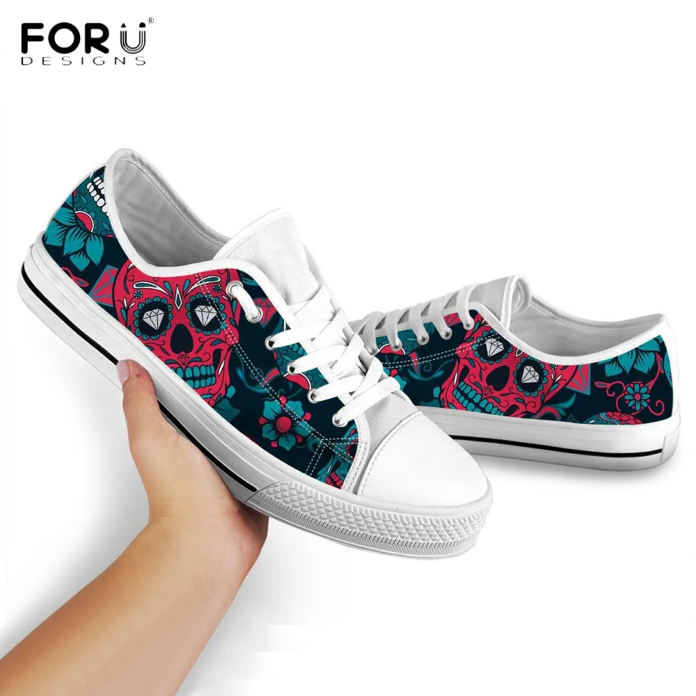 

FORUDESIGNS 3D Punk Sugar Skull Printed Shoes Women Sneakers Casual Low Top Vulcanized Shoes Spring/Autumn Lace Up Canvas Shoe