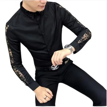 

Mens Lace Shirt At Sleeve 2017 New Autumn Long Sleeve 3XLTransparent Shirt Camisas Masculinas Slim Fit Club Party Chemise Homme
