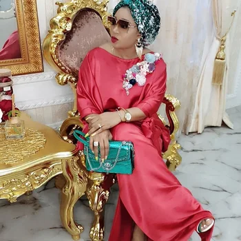 

High Quality Silk Satin Abaya Muslim Women Long Maxi Split Dress Bat Sleeve Loose Fashion Flower African Dress Vestido De Festa