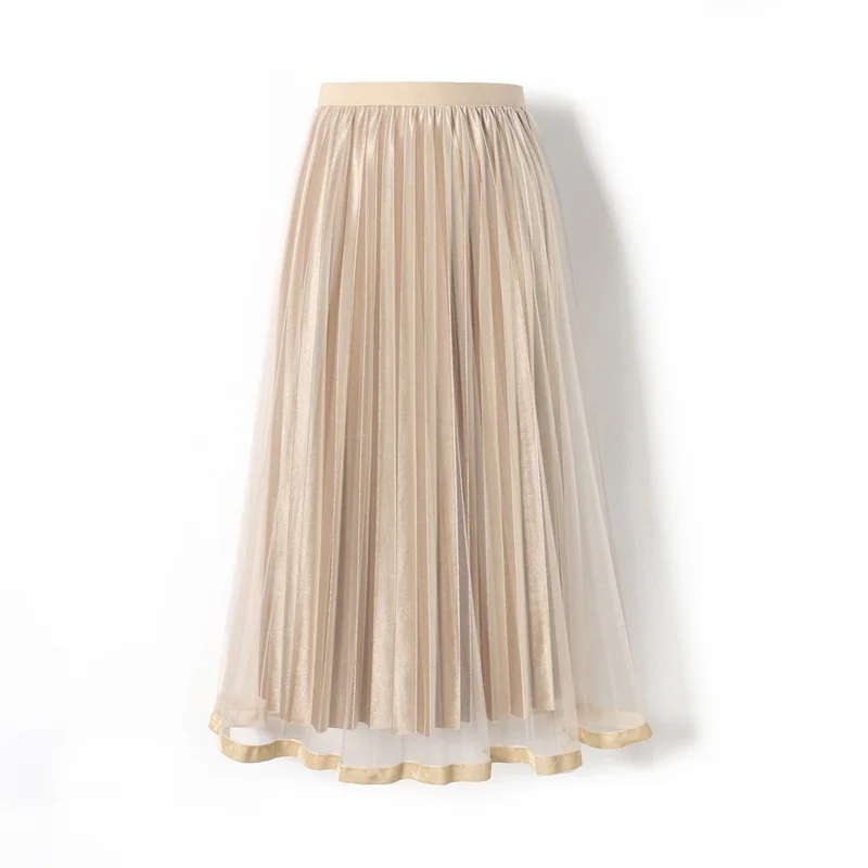 GLO-STORY, модная женская длинная однотонная плиссированная юбка с сеткой, эластичная резинка на талии, элегантные вечерние юбки - Цвет: Beige