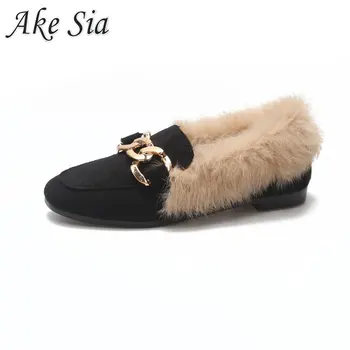 

2020 autumn winter wear new flat bottom single shoes plus velvet One-legged rabbit fur shoes female Comfortable casual shoes