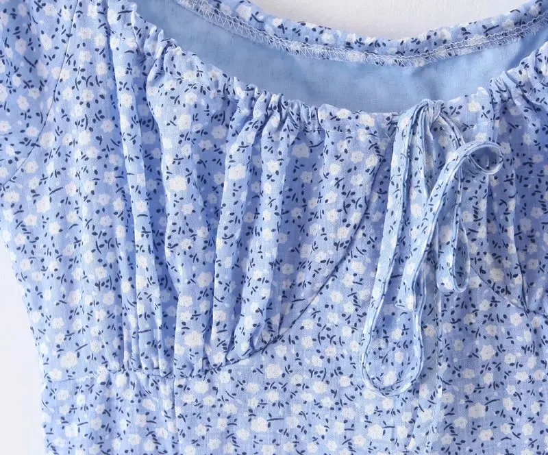Holiday Center Bow Summer Vintage Blue Floral Print Beach Slim women mini dress vestidos dropshipping clothes vintage brandy na