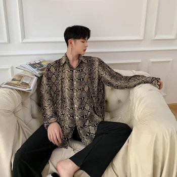 

Men Snake Pattern Casual Long Sleeve Tie Shirt Male Vintage Fashion Loose Dress Shirts Party Stage Clothes