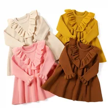 Детское зимнее платье для маленьких девочек; вязаное платье-свитер с длинными рукавами; однотонная Одежда «кроше»; Детские платья для девочек; платье принцессы