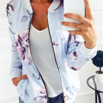 

Fashion Ladies Retro Floral Zipper Up Bomber Jacket Women Basic Coat Casual Outwear Baseball Jacket Pocket Plus Size Outwear