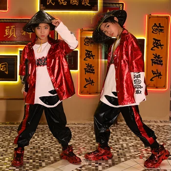 

Modern Dance Costume For Child Red Jacket Black Pants Boys Street Dance Performance Clothes Girls Jazz Hip Hop Dancewear