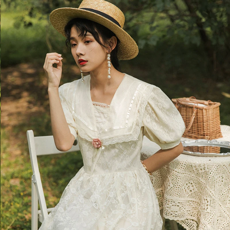 Французское кружевное платье для женщин белое Пышное Платье с рукавами