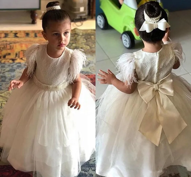 

Puffy Tulle Flower Girl Dress Feathers Sleeve Custom Made Kids Prom Dress Jewel Neck Girls Pageant Gowns