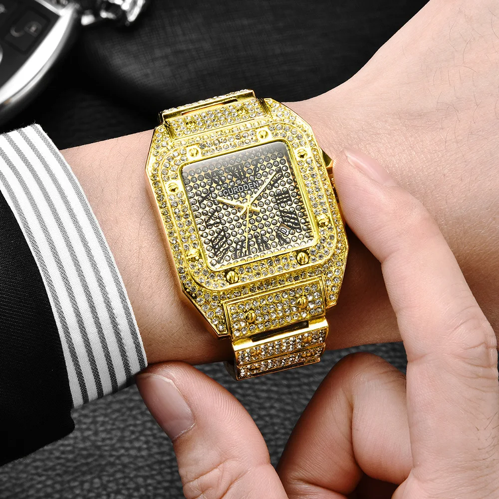 

Luxury Designer Brand Men's Quartz Watches Full Diamond Gold Steel Watch Men Square Date Waterproof Wristwatch Reloj Hombre 2019