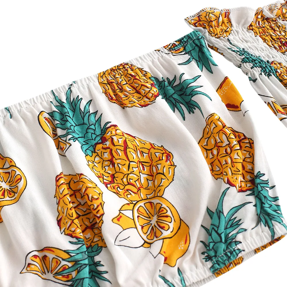 ZAFUL топ с открытыми плечами с рисунком ананаса и шорты с короткими рукавами, женский сексуальный комплект из двух предметов, укороченный топ с высокой талией, шорты