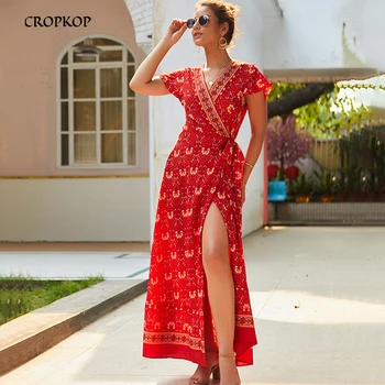 

Summer Dress Long Robes Bohemian Elegant Women Boho Chic Flower Print Sexy Slit Sundress Casual 2020 Black Red Clothing Holiday