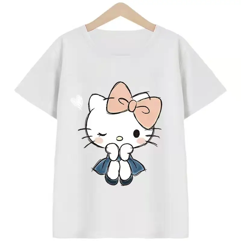thumbnail image 1 of Hello Kitty, ropa de verano de manga corta de algodón para niñas, camiseta con estampado de dibujos animados, camisa inferior fina de media manga para niños, 1 of 5