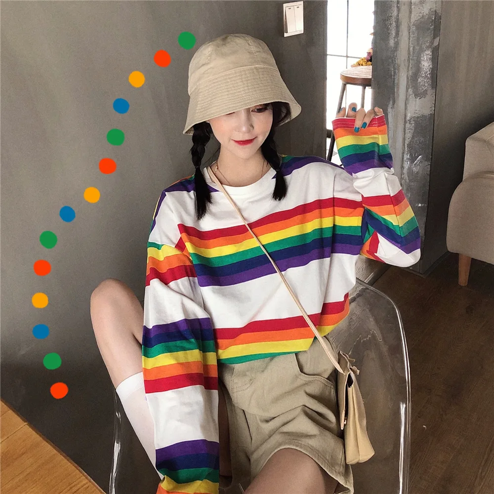 Женская Корейская Harajuku Повседневная Свободная Радужная полосатая ...