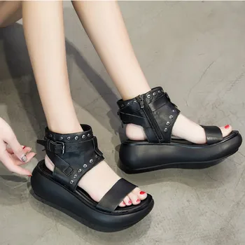 

Women Leather Sandals Wedge Summer Shoes Women 6 Cm High Heels Gladiator Sandals Women Handmade Genuine Leather Shoes Retro 2019