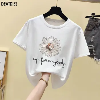 

Plus Size T Shirt Women Fashion Beading Flower Tshirts Casual Tops Harajuku Tees Female T shirts Clothing Camisas Mujer New 2020