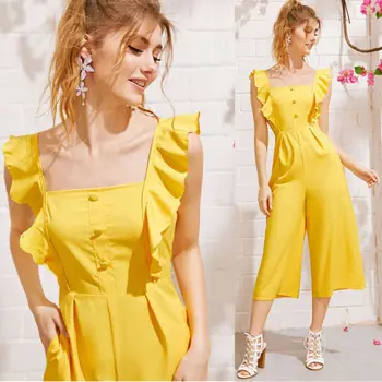 

New Hot Sale Womens Sleeveless Solid Ruffled Jumpsuits Romper Ladies Girls Casual Clubwear Summer Womens Clothes Yellow Wide Leg