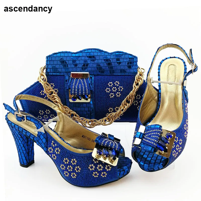 

New African Shoe and Bag Set Decorated with Rhinestone Nigerian Women Party Pumps High Heels Matching Italian Shoe and Bag Set