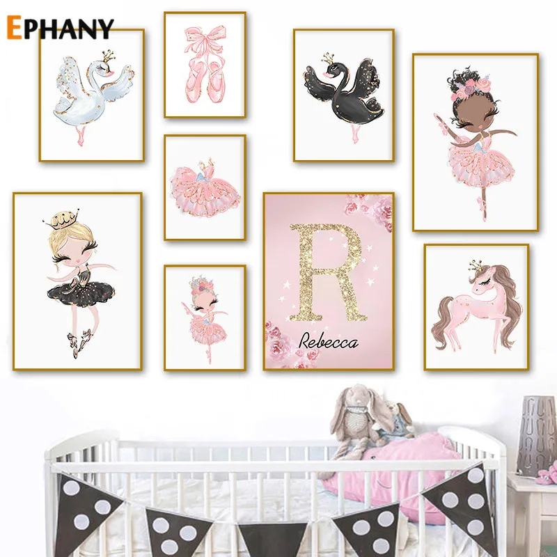 Peinture Sur Toile Personnalisee Avec Nom Nordique Affiches Et Imprimes De Cygne De Dessin Anime Rose Kawaii Pour Chambre De Bebe Fille Aliexpress