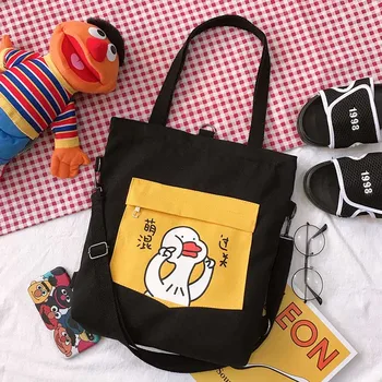 

Multi-function Canvas Totes Bag Woman Korean Style Single Shoulder Shopping Bag INS Hot Girls Student Backpack Black Cartoon