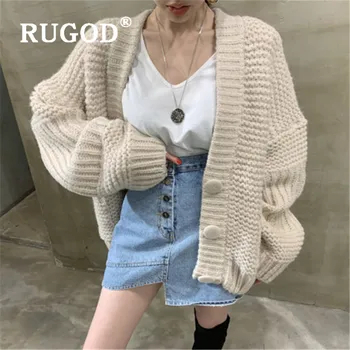 

RUGOD korean sweater cardigans for women autumn and winter cloth v neck big button knit coat fashion female warm thick sweater