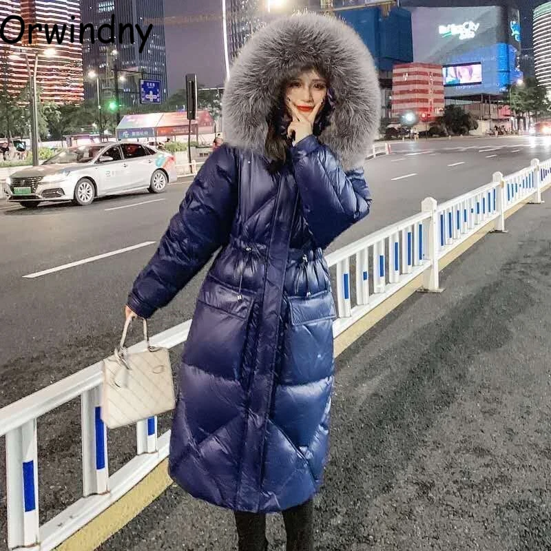 

Orwindny Glossy Long Jacket Women Snow Wear Warm Parkas Winter Wadded Coats Female Slim Waterproof Cotton Padded Clothing XS-XL