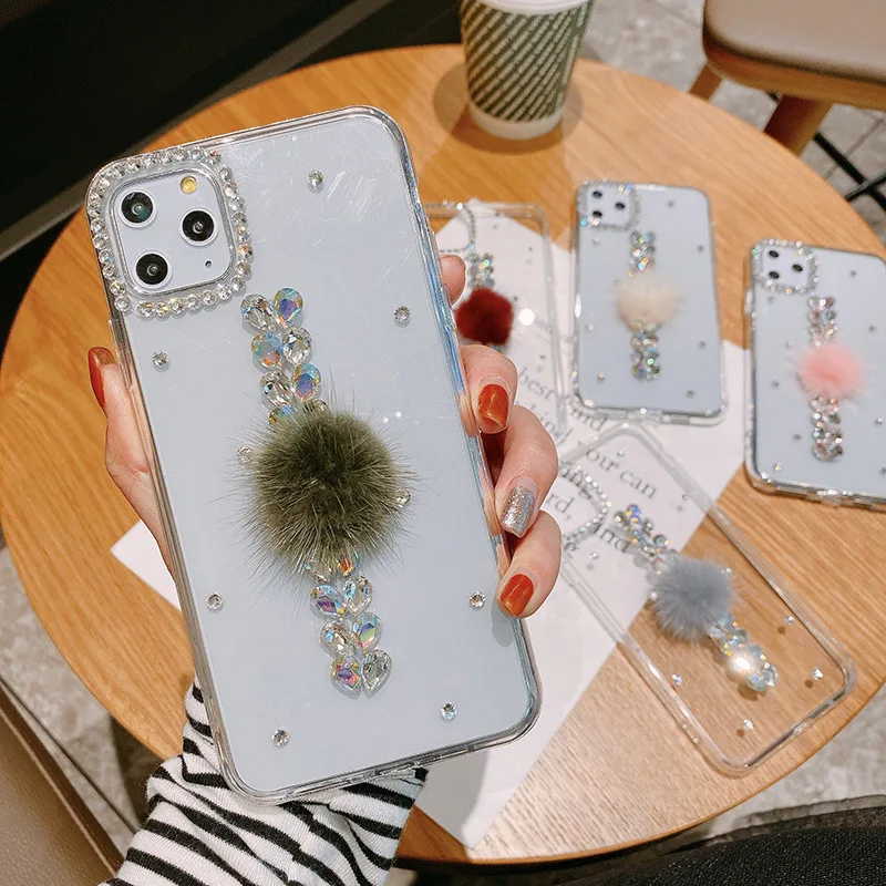 

Luxury Bling Rhinestone Diamond Transparent Soft Case For iPhone 11 Pro Max X XR XS 6 6s 7 8 Plus Case Glitter Fur Ball Cover