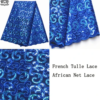 

African Net Lace Fabric French Tulle Sequins Lace 2020 Asoebi Sewing Fabric Nigerian Mesh Lace Fabric Royal Blue Dress Fabric
