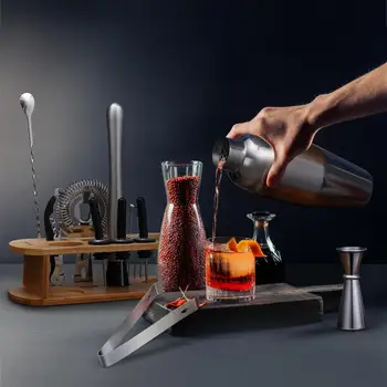 

17pcs/set Cocktail Making Tools Shaker Set with Stand Plus Recipe Bar Set Strainer Muddler Jigger Spoon Ice Tongs Pourer Pick
