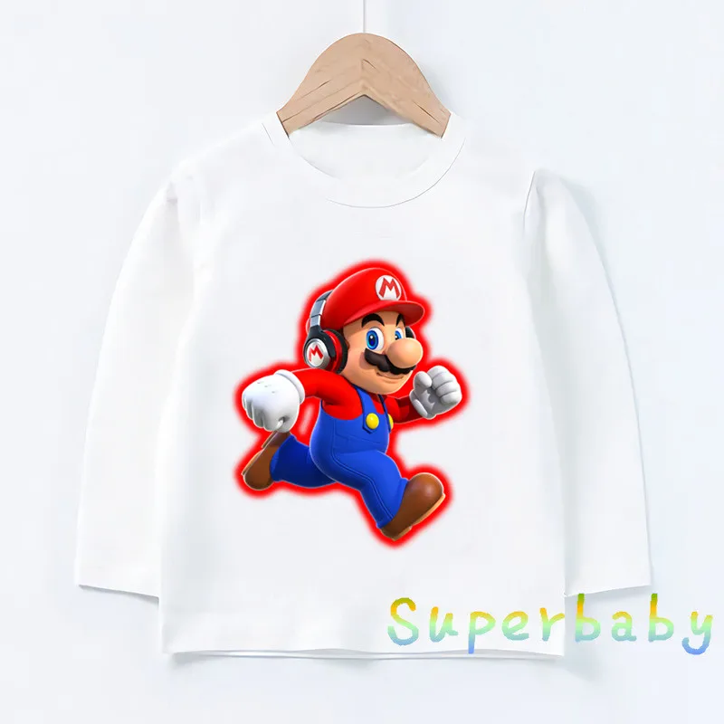 Детская футболка с принтом из игры «Super Mario Bros» Забавные топы с рисунками для маленьких мальчиков и девочек, детская футболка с длинными рукавами LKP5185