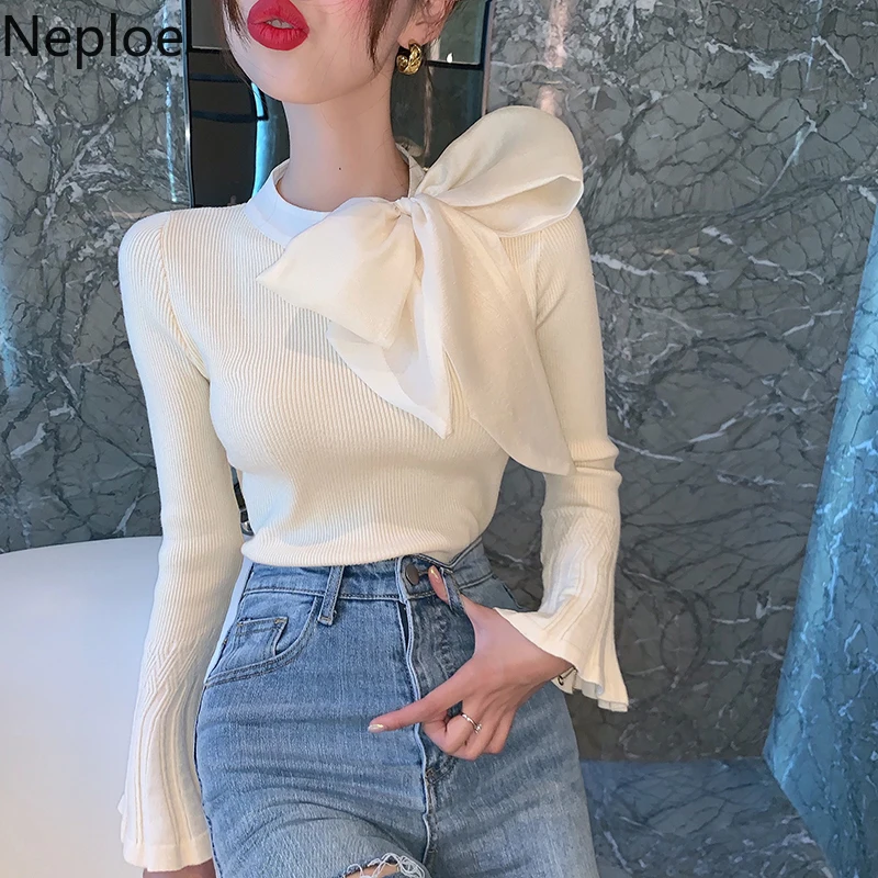Neploe Knitted Women Sweater Solid Bow-Collar Long Flare Sleeve Ladies Jumper Spring 2020 Fashion Casual Female Tops 49930 | Женская