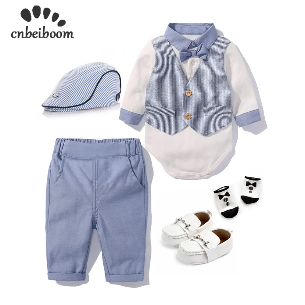 

High quality baby boys set Newborn clothing sets bodysuit+pants+hat+socks+shoes outfits & set gentleman gentleman birthday gift