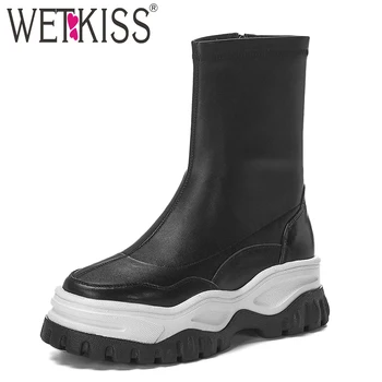 

WETKISS Cow Leather Ankle Boots Women Flat Sock Booties Zip Platform Shoes Female Round Toe Stretch Shoes Ladies Winter 2020 New