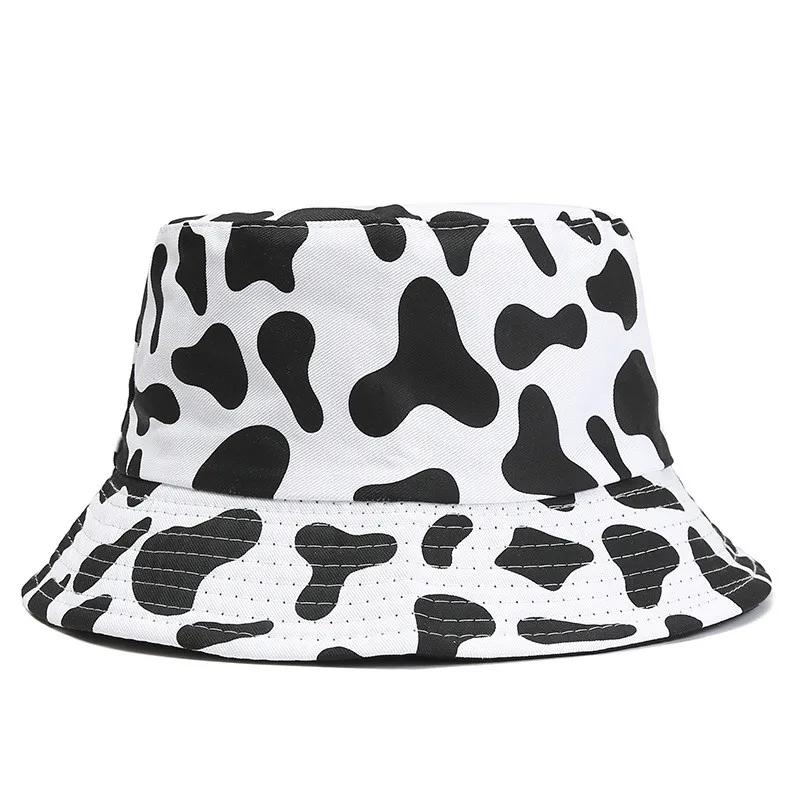 Women black white cow Fisherman Cap Alien Foldable Bucket Hat Beach Sun Party Street Headwear Panama Hat Harajuku