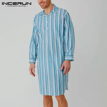 

INCERUN Striped Men Robes Long Sleeve 2020 Turn Down Collar Leisure Homewear Long Style Sleepwear Nightgown Dress Cozy Bathrobes