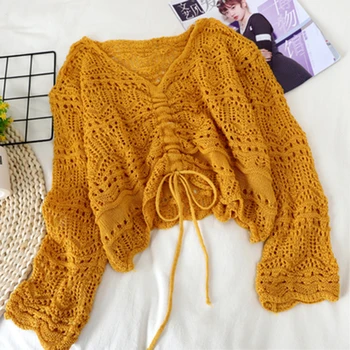 

loose thin lace women blouse 2020 summer new solid hollow out flare sleeved drawstring solid high waist casual female pulls tops