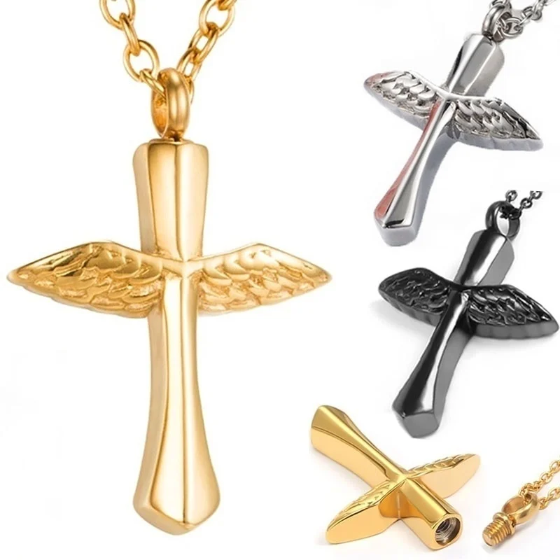 

Angel Wings Cross Cremation Urn Necklace Human Ashes Pet Memorial Souvenir Pendant Jewelry