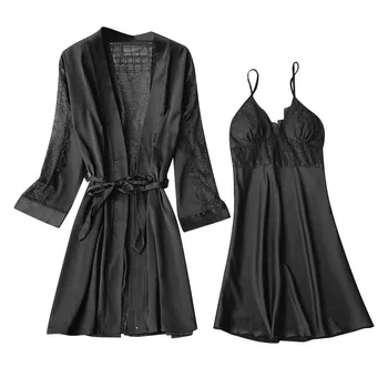 

Sexy robe sets Sexy Deep V-neck Lingerie Sets Women Silk Lace Patchwork Robe Nightgown＋Nightdress Babydoll Sleepwear Sets пижама