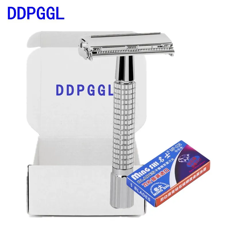 

DDPGGL Men Shaver Handle Classic Safety Razor with 5 Blades as Gift Silver Plated Epilator Weishi Straight Razor Hair Removal